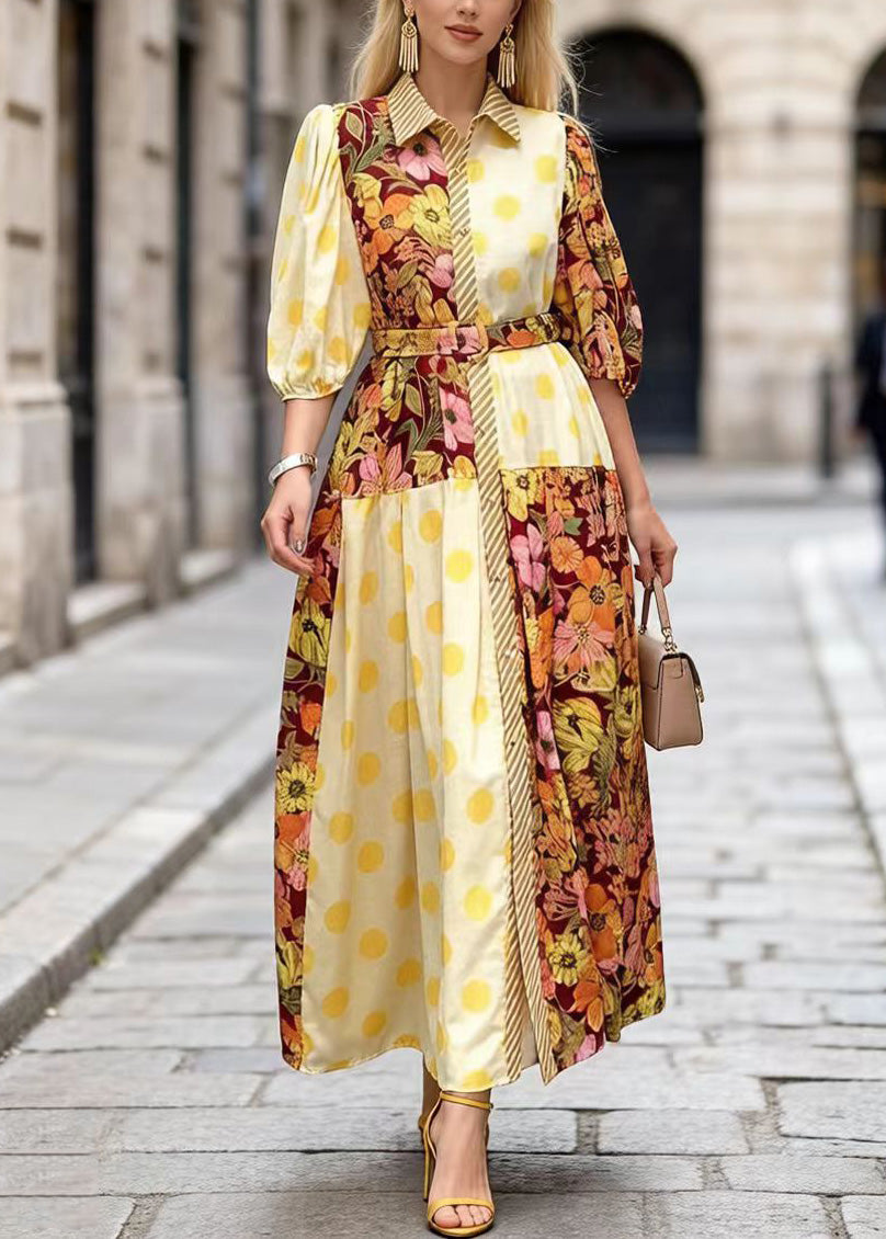 Modern Yellow Peter Pan Collar Print Cotton Dresses Summer