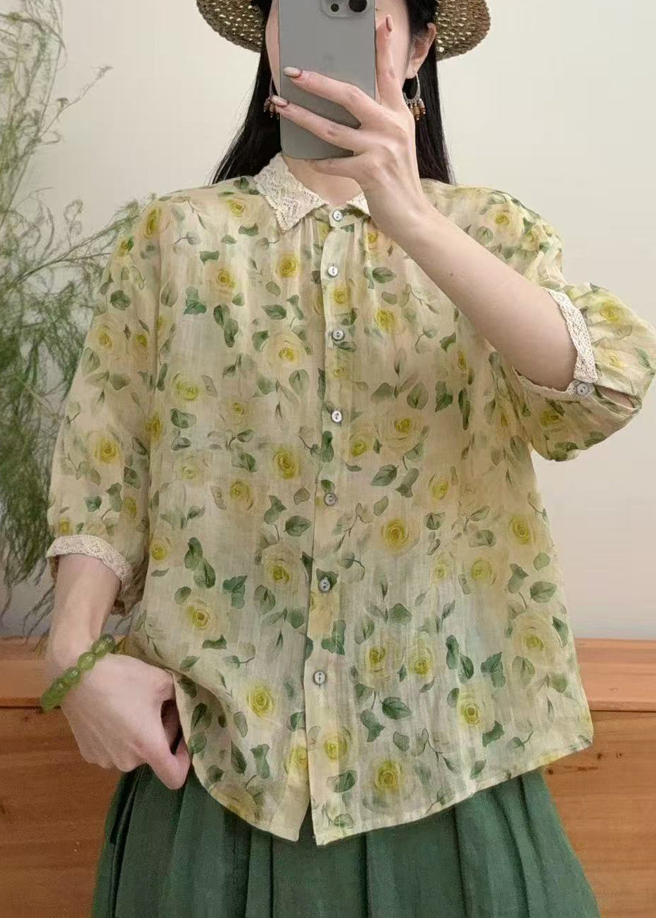 Modern Yellow Peter Pan Collar Print Linen Shirt Top Bracelet Sleeve