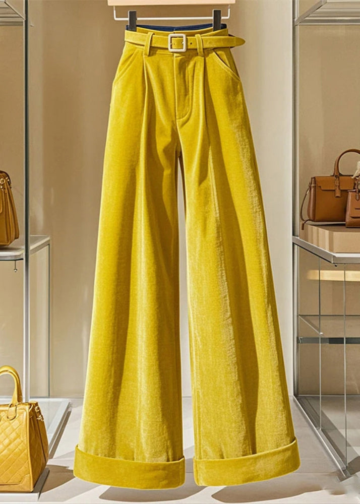 Modern Yellow Pockets High Waist Cotton Wide Leg Pants