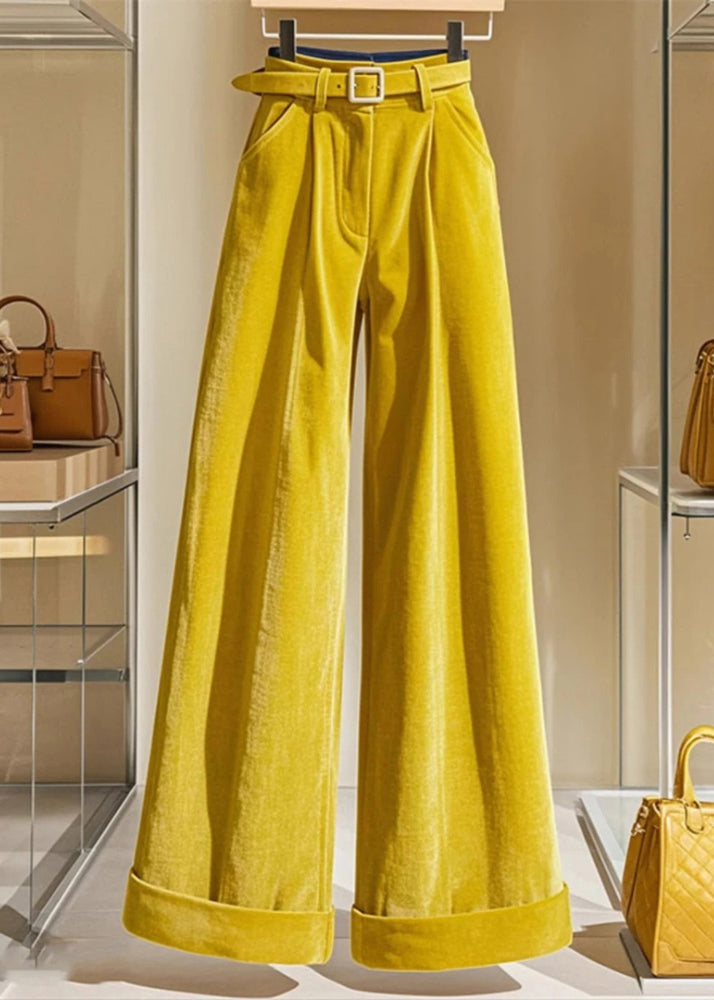 Modern Yellow Pockets High Waist Cotton Wide Leg Pants