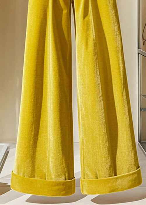 Modern Yellow Pockets High Waist Cotton Wide Leg Pants