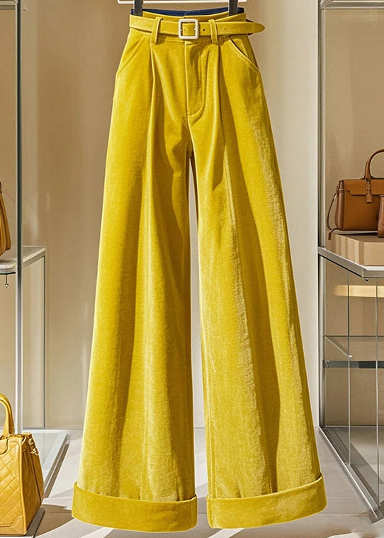 Modern Yellow Pockets High Waist Cotton Wide Leg Pants