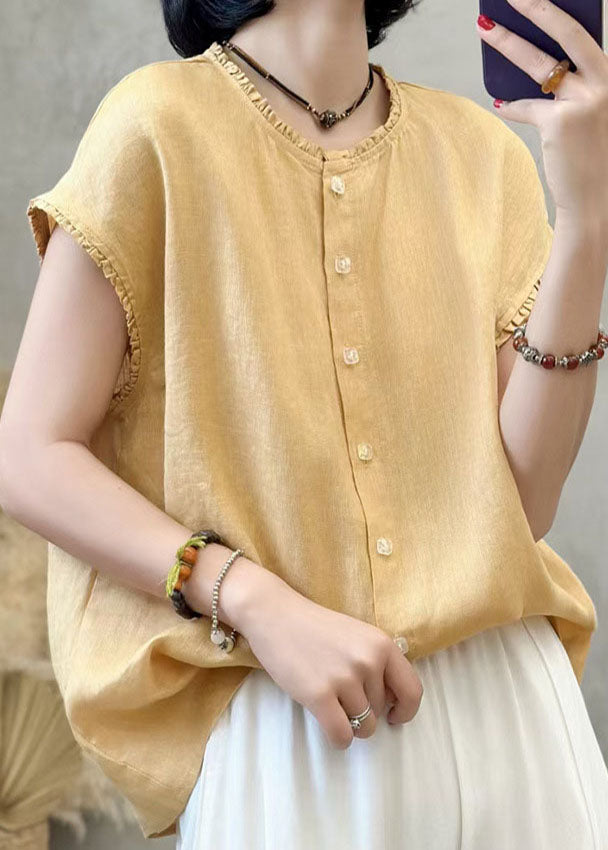 Modern Yellow Ruffled Oversized Linen Tank Tops Summer