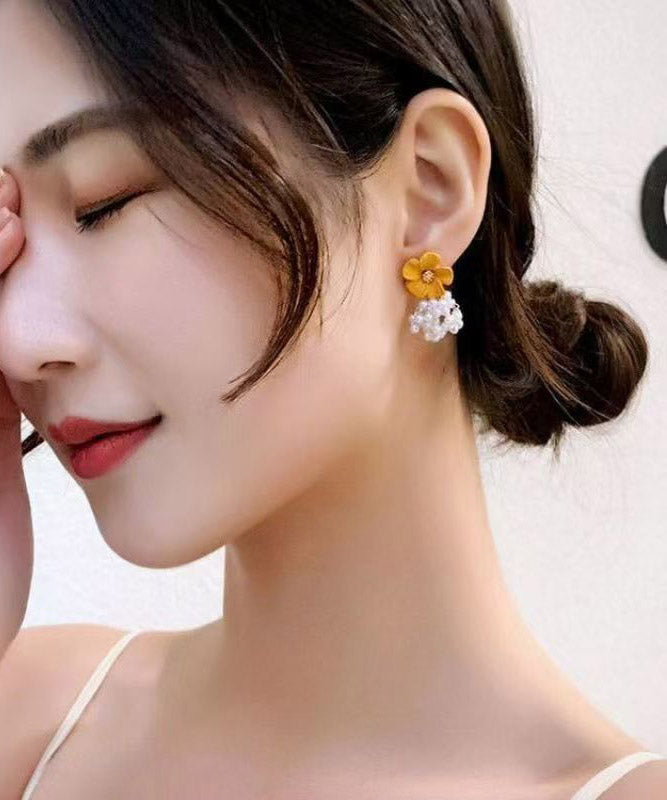 Modern Yellow Sterling Silver Overgild Camellia Pearl Stud Earrings