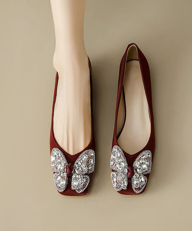 Mulberry Bow Zircon Splicing Satin Chunky High Heels