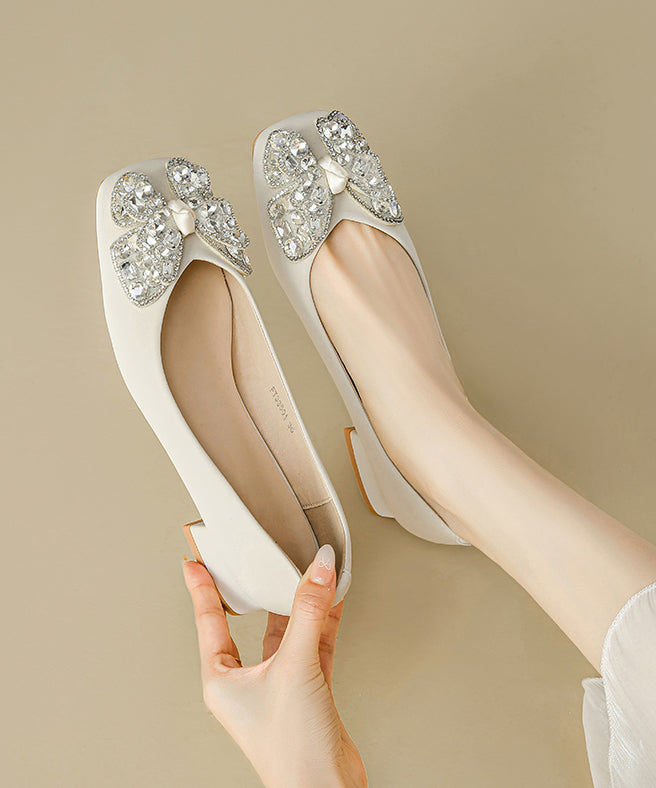 Mulberry Bow Zircon Splicing Satin Chunky High Heels