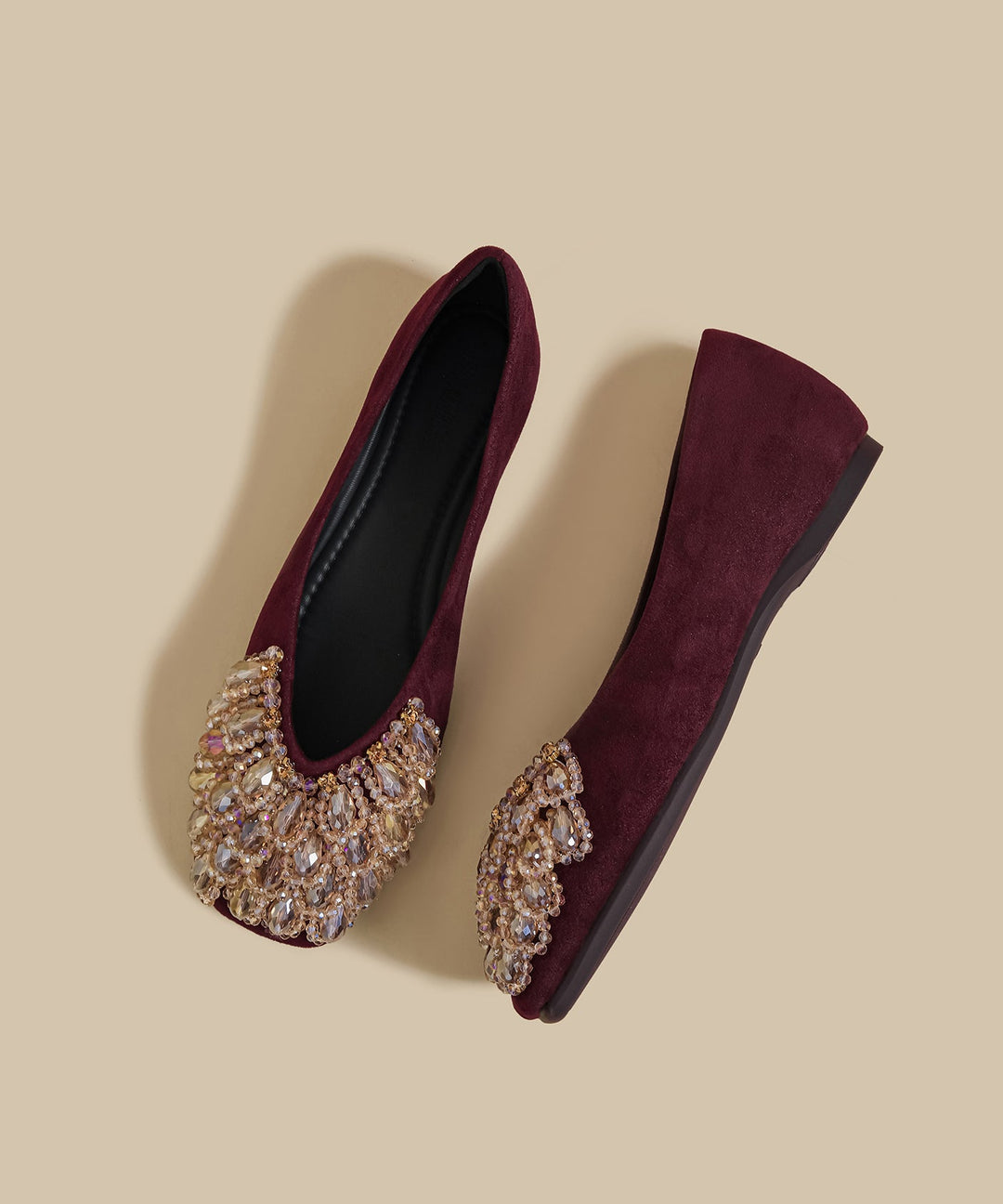Mulberry Crystal Zircon Suede Splicing Flat Shoes Square Toe