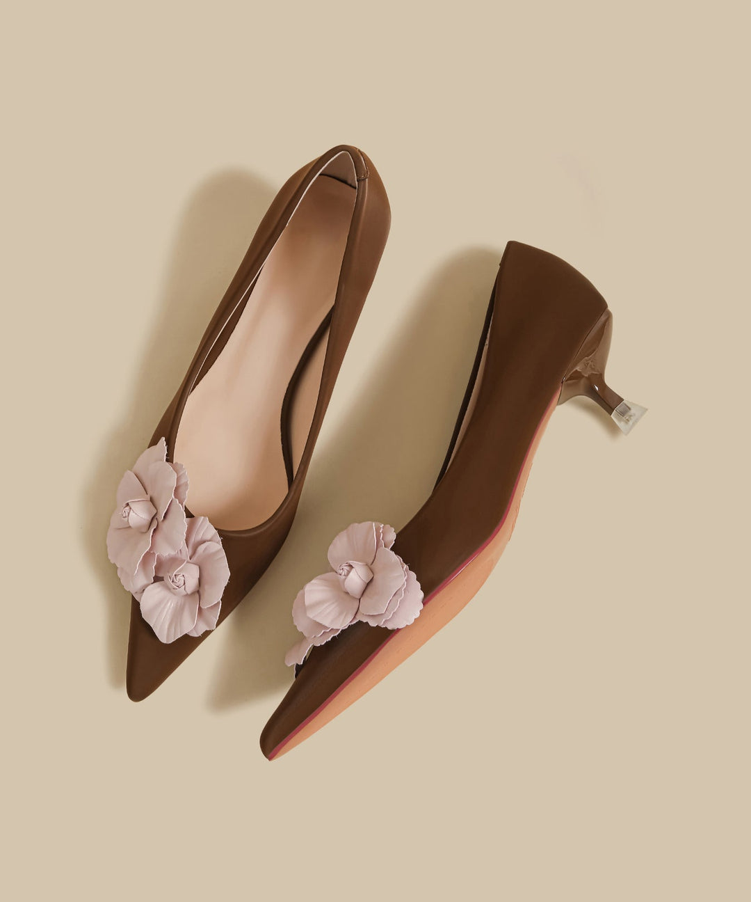 Mulberry Faux Leather Splicing High Heel Shoes Floral Pointed Toe