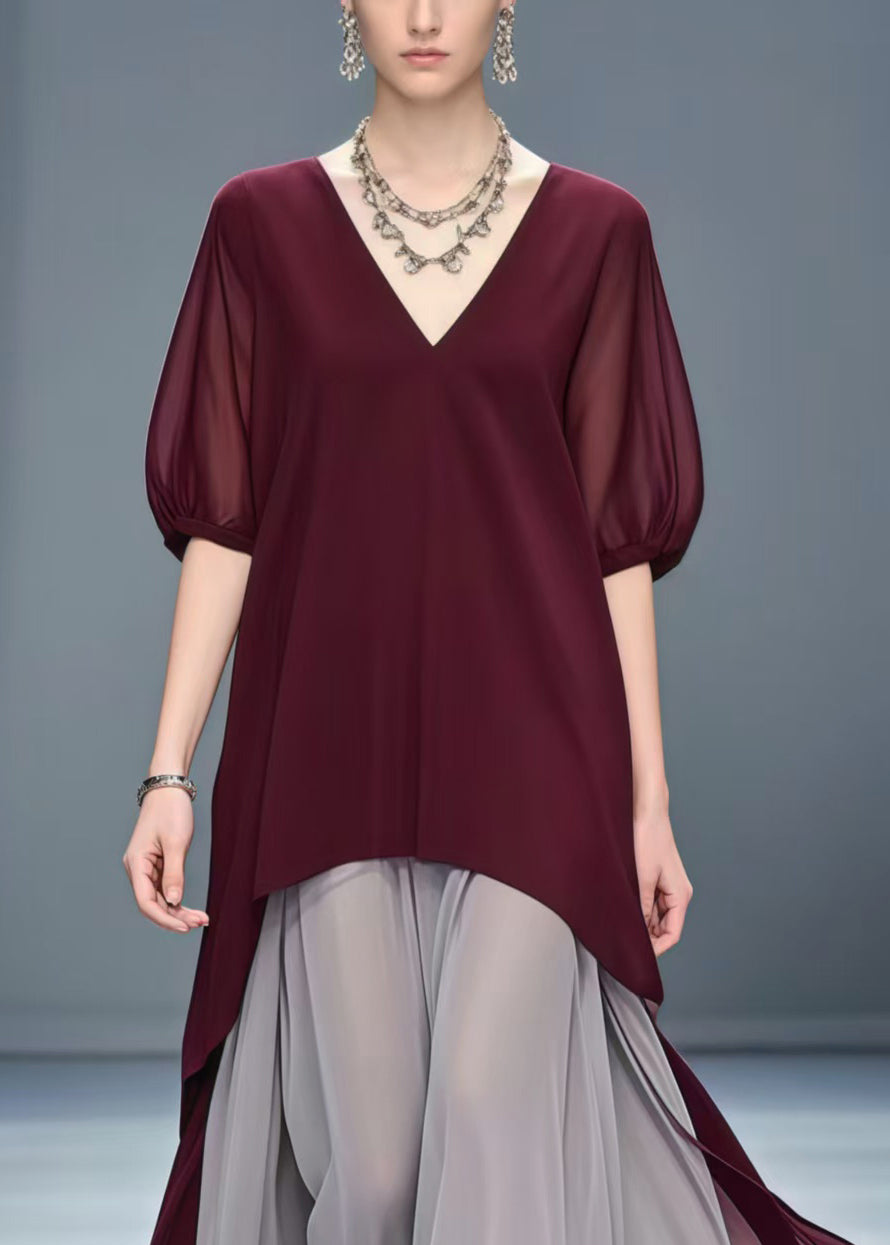 Mulberry Patchwork Chiffon Vacation Dresses Fake Two Piece Summer