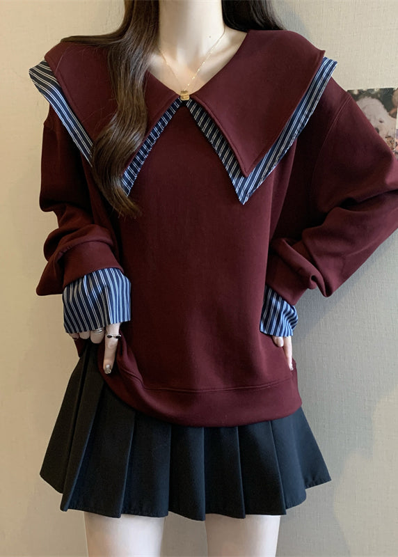 Mulberry Patchwork Cotton Fake Two Piece Sweatshirts Oversized Fall