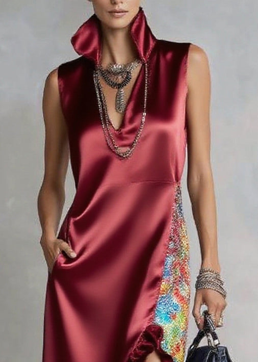 Mulberry Patchwork Ruffled Silk Dresses Asymmetrical Design Sleeveless