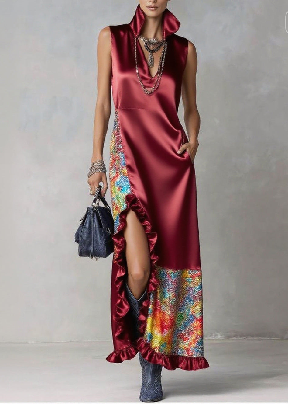Mulberry Patchwork Ruffled Silk Dresses Asymmetrical Design Sleeveless