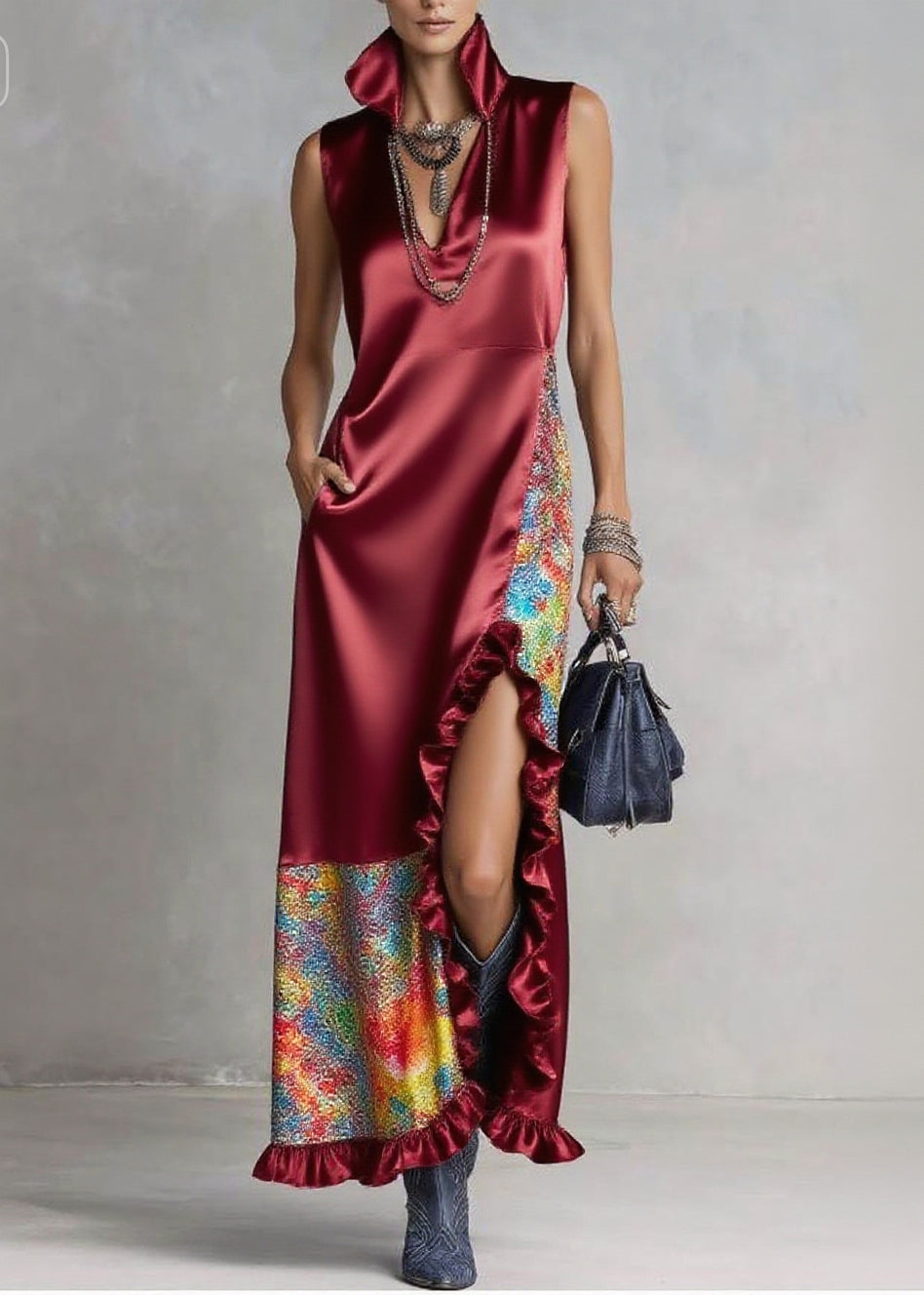 Mulberry Patchwork Ruffled Silk Dresses Asymmetrical Design Sleeveless