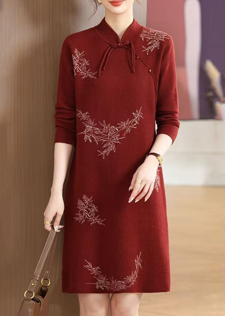 Mulberry Print Cotton Knitted Maxi Sweaters Dress Lantern Sleeve
