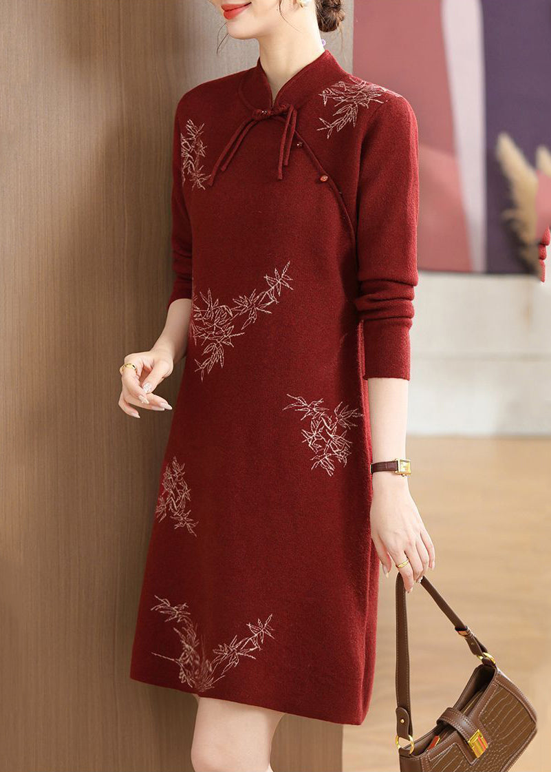 Mulberry Print Cotton Knitted Maxi Sweaters Dress Lantern Sleeve