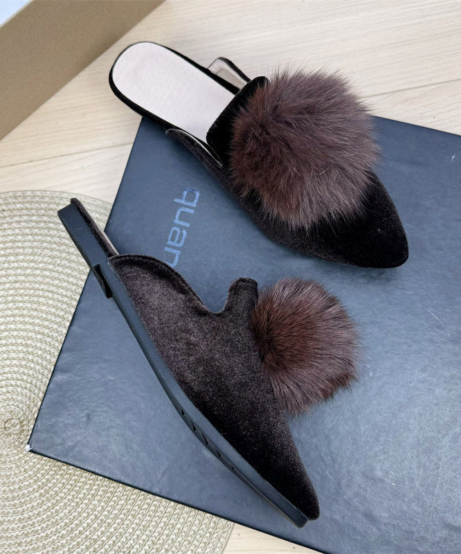 Mulberry Splicing Velour Slide Sandals Fuzzy Ball Decorated Pointed Toe