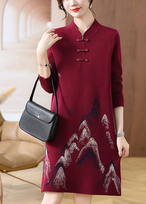 Mulberry Stand Collar Button Cotton Knit Maxi Sweater Dress Fall
