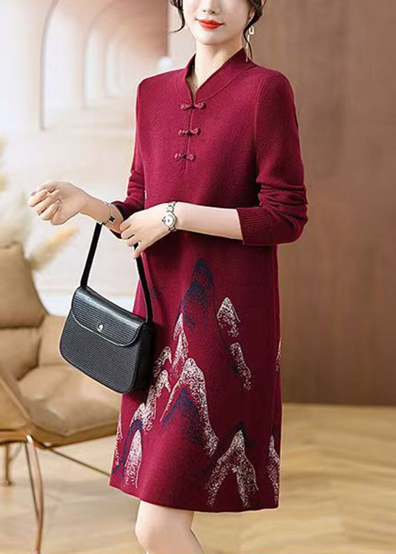 Mulberry Stand Collar Button Cotton Knit Maxi Sweater Dress Fall