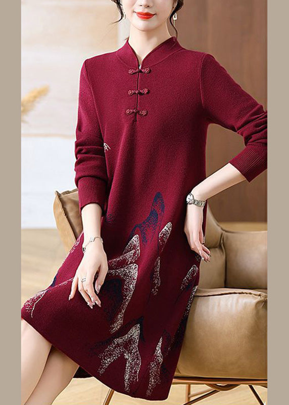 Mulberry Stand Collar Button Cotton Knit Maxi Sweater Dress Fall