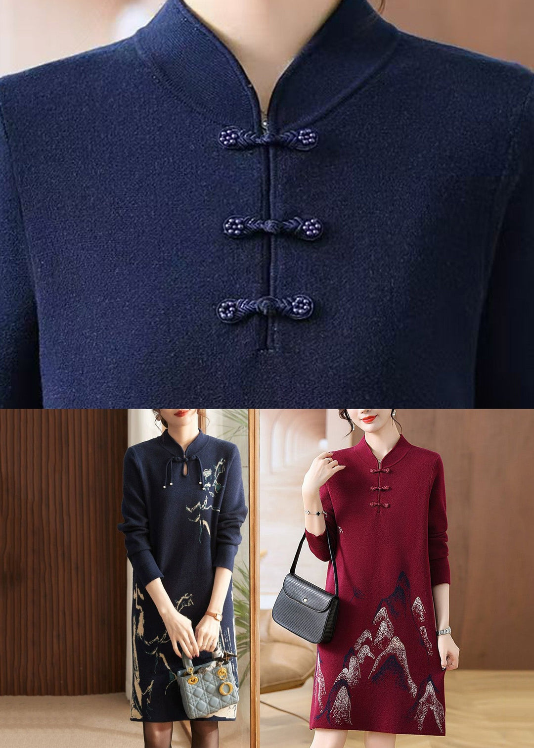 Mulberry Stand Collar Button Cotton Knit Maxi Sweater Dress Fall