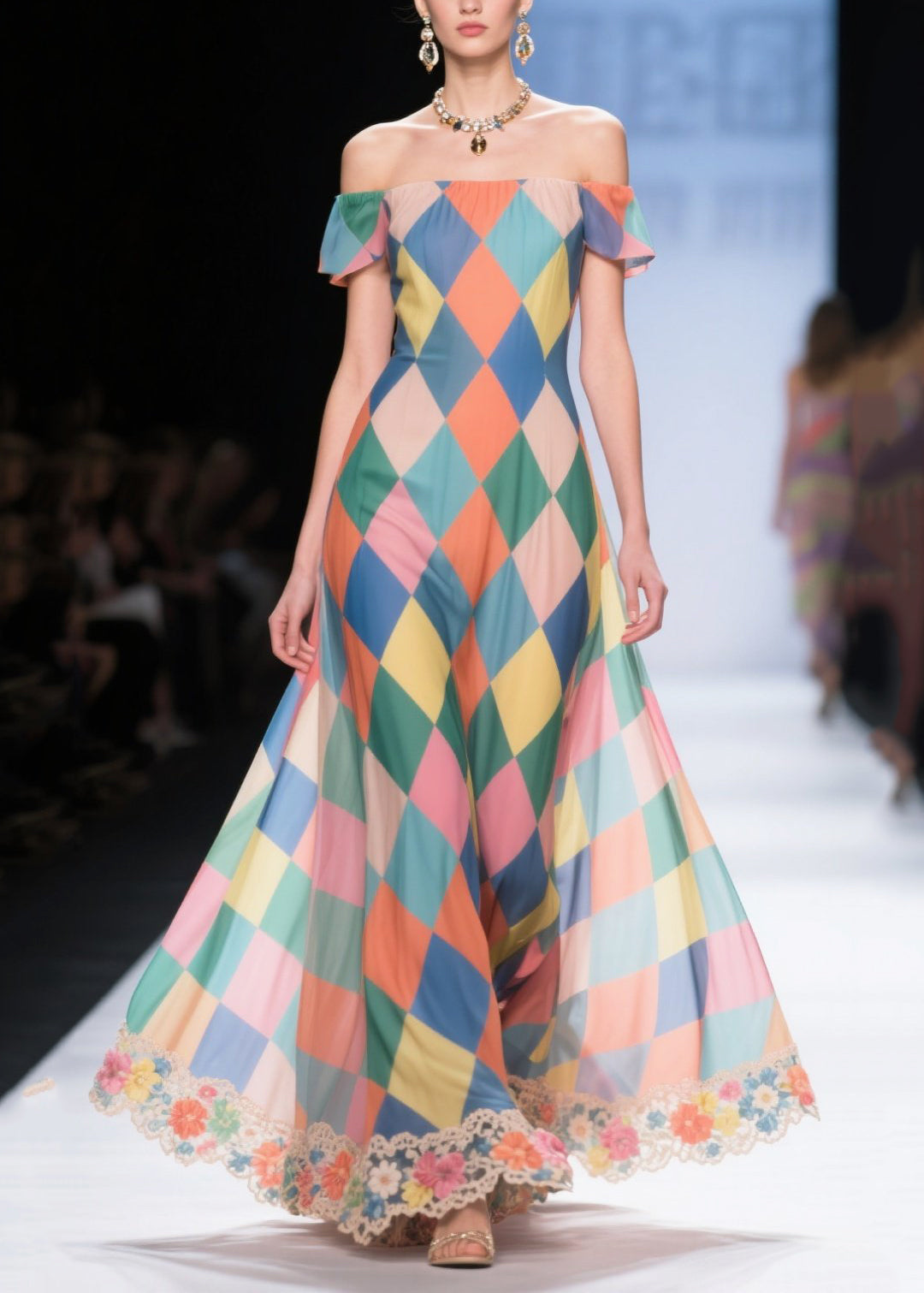 Multicolour Plaid Patchwork Lace Chiffon Strapless Dress Cold Shoulder Summer