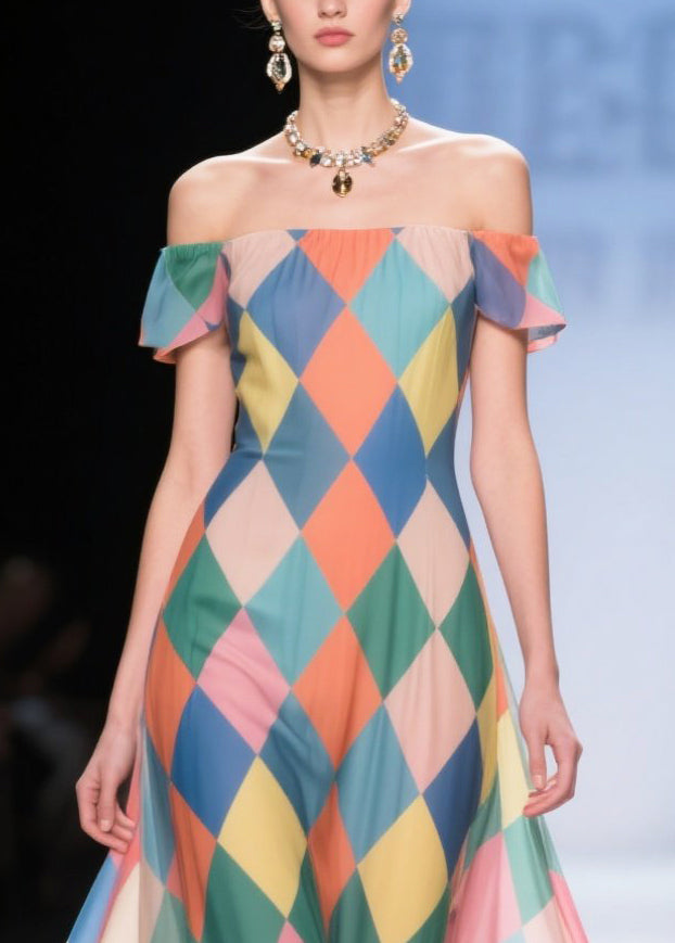 Multicolour Plaid Patchwork Lace Chiffon Strapless Dress Cold Shoulder Summer