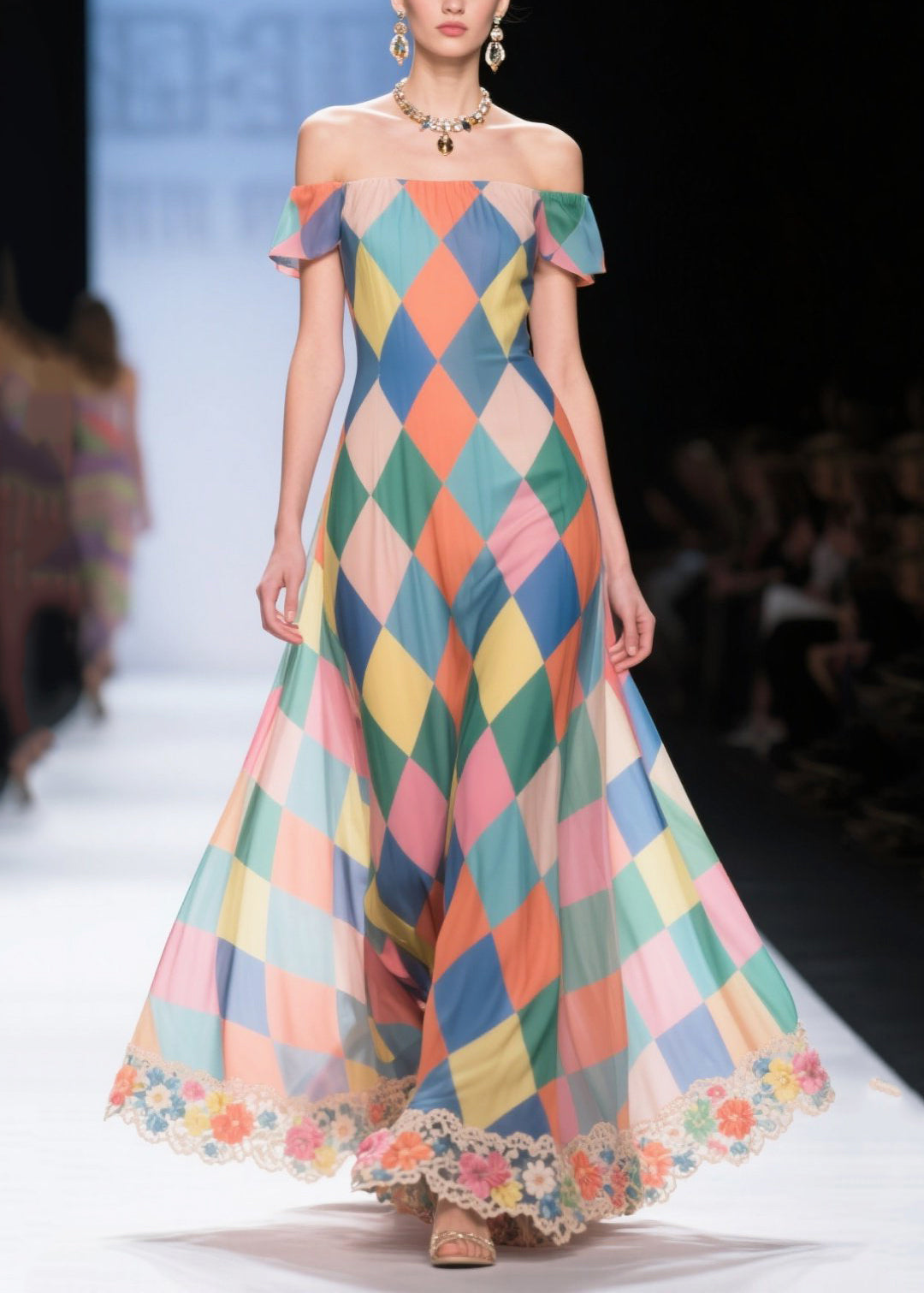 Multicolour Plaid Patchwork Lace Chiffon Strapless Dress Cold Shoulder Summer