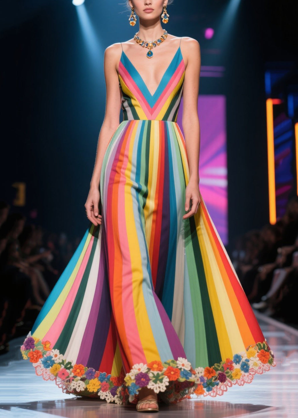 Multicolour Striped Flower Decorated Exra Large Hem Dinner Dresses Summer