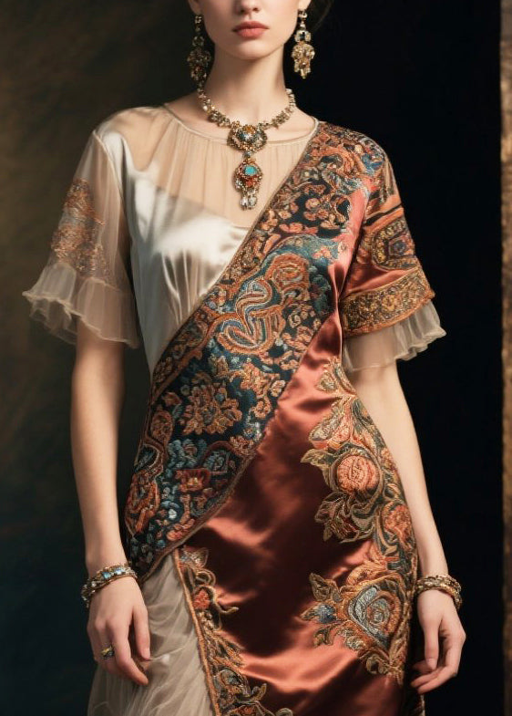 National Style Brown Asymmetrical Patchwork Tulle Silk Dress Summer