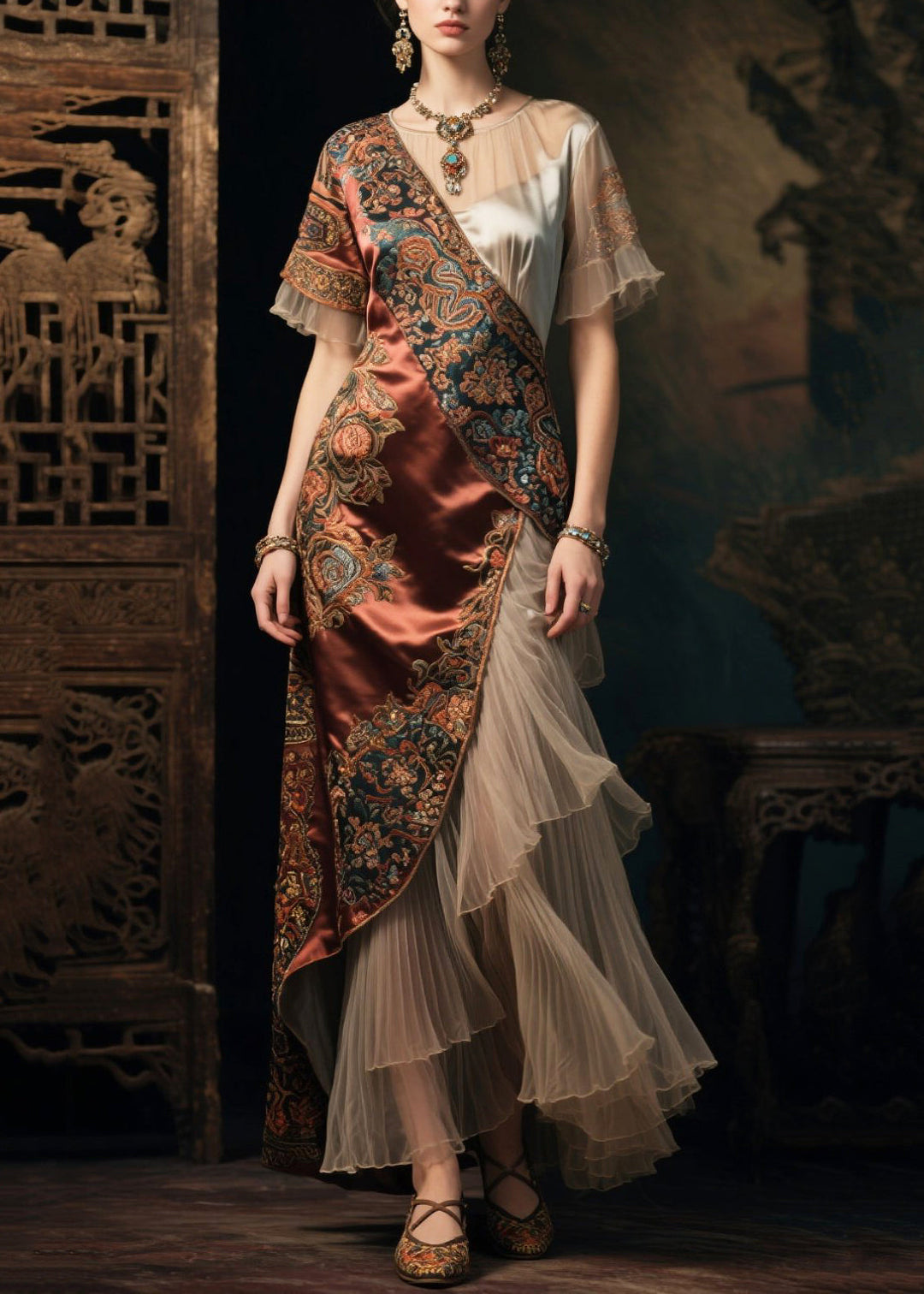 National Style Brown Asymmetrical Patchwork Tulle Silk Dress Summer