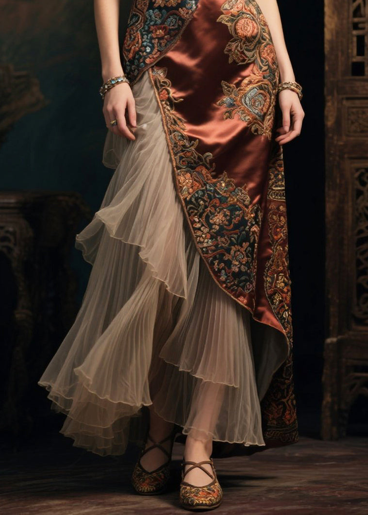National Style Brown Asymmetrical Patchwork Tulle Silk Dress Summer