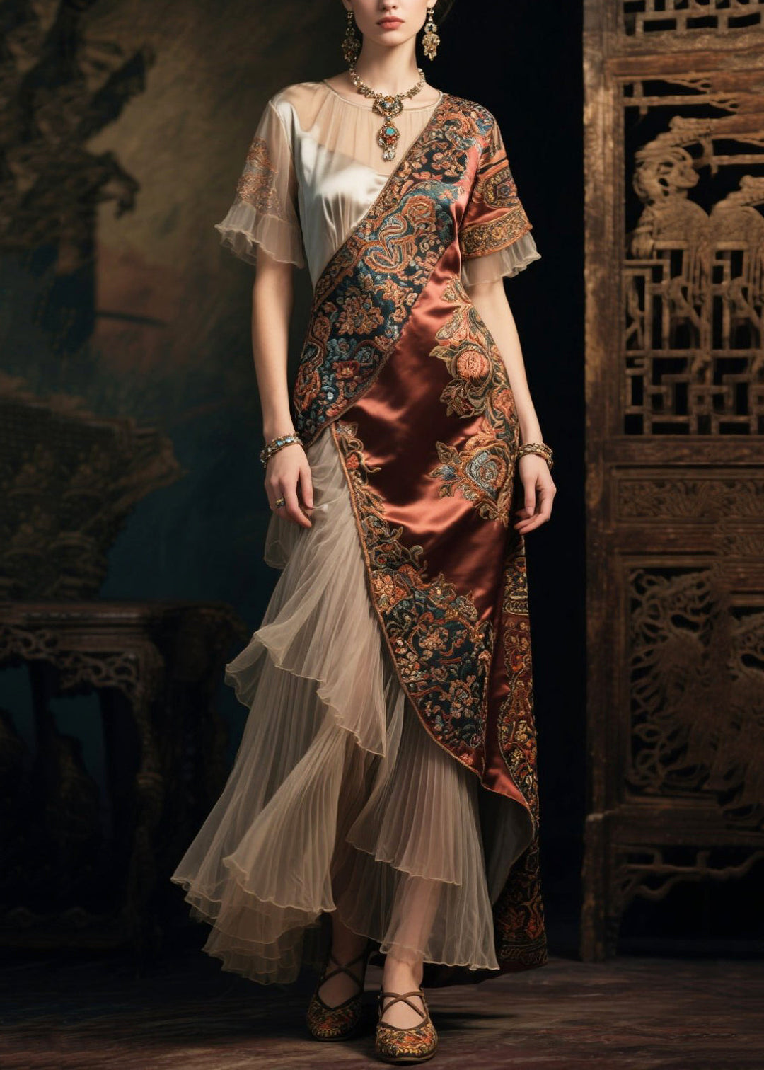National Style Brown Asymmetrical Patchwork Tulle Silk Dress Summer