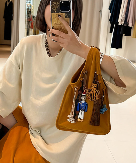 National Style Khaki Tasseled Fine Suede Tote Handbag