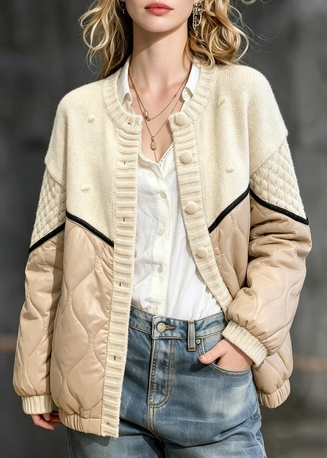 Natural Apricot O-Neck Button Thick Coat Knit Patchwork Long Sleeve