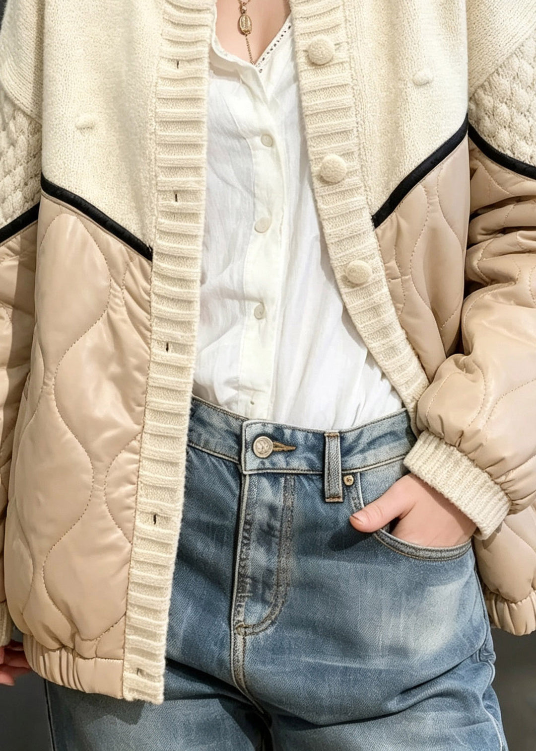 Natural Apricot O-Neck Button Thick Coat Knit Patchwork Long Sleeve