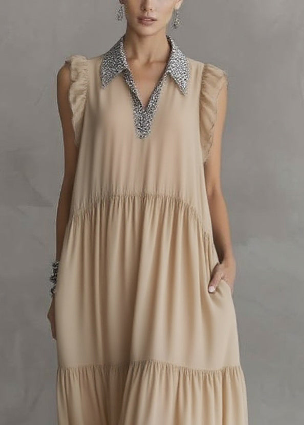 Natural Apricot Peter Pan Collar Ruffled Wrinkled Chiffon Maxi Dresses Summer - Omychic