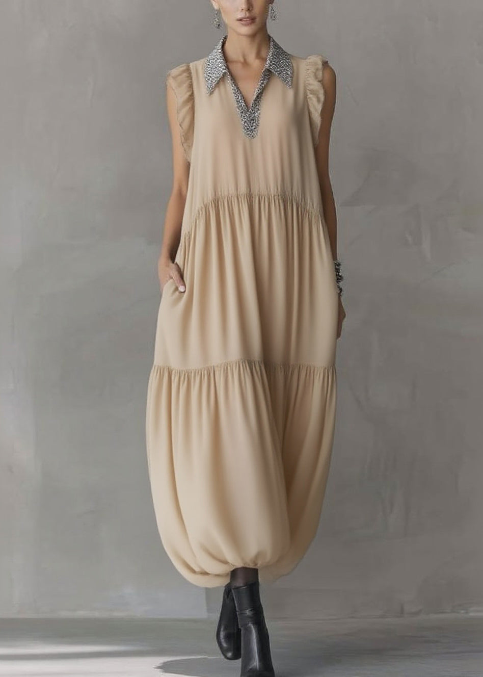 Natural Apricot Peter Pan Collar Ruffled Wrinkled Chiffon Maxi Dresses Summer - Omychic