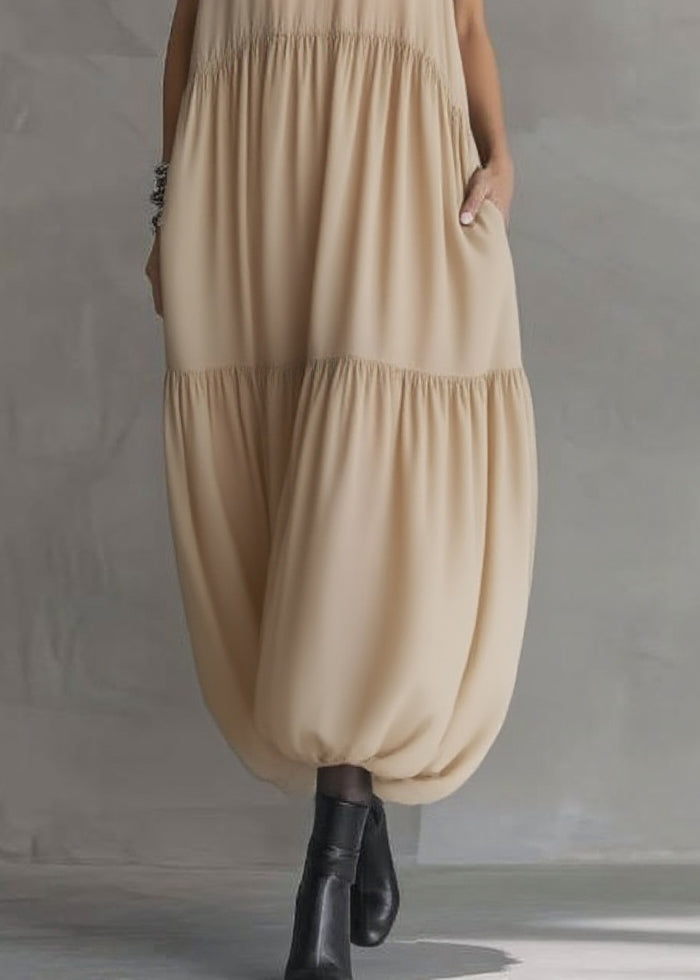 Natural Apricot Peter Pan Collar Ruffled Wrinkled Chiffon Maxi Dresses Summer - Omychic