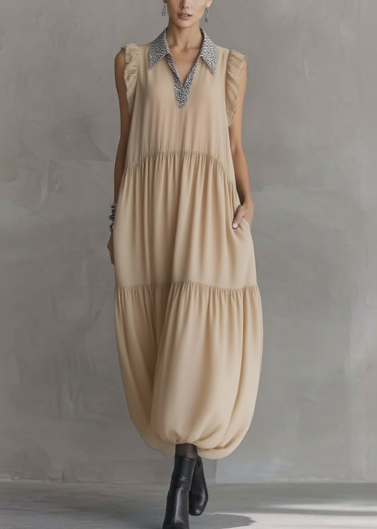 Natural Apricot Peter Pan Collar Ruffled Wrinkled Chiffon Maxi Dresses Summer - Omychic