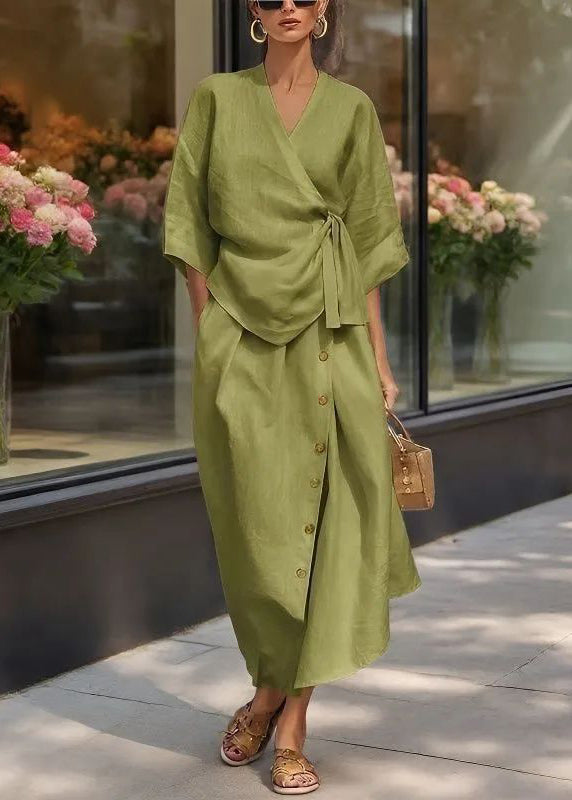 Natural Apricot V Neck Tie Waist Top And Maxi Skirts Two Pieces Set Half Sleeve