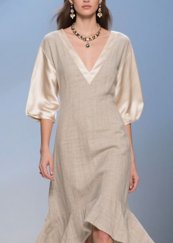 Natural Asymmetrical Design Patchwork Linen Silk Dresses Summer