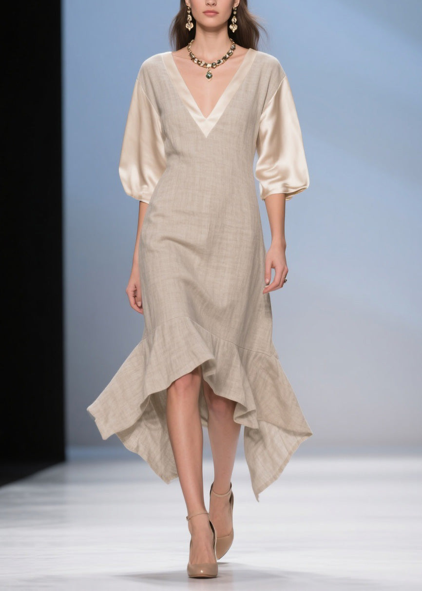 Natural Asymmetrical Design Patchwork Linen Silk Dresses Summer