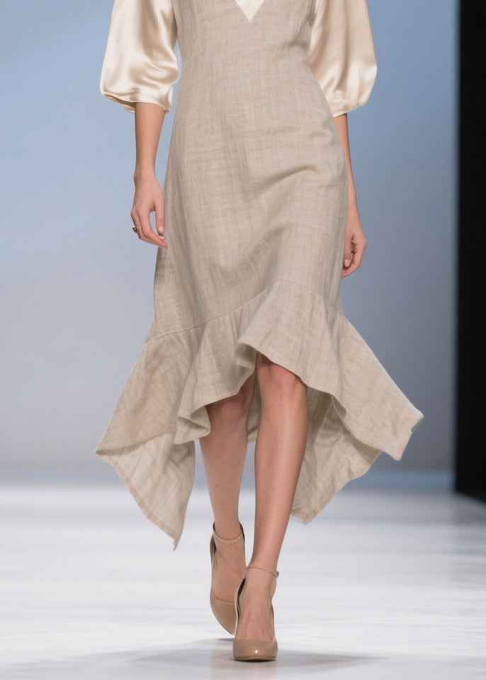 Natural Asymmetrical Design Patchwork Linen Silk Dresses Summer