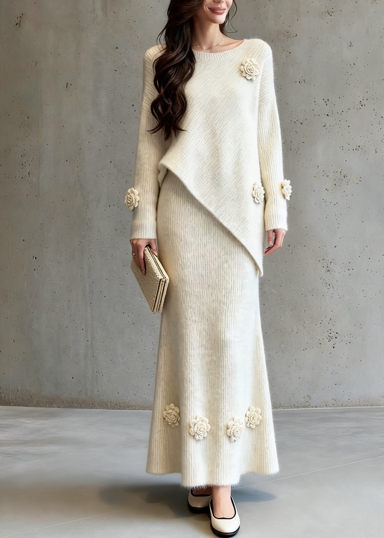 Natural Asymmetrical Floral Cotton Knit Sweaters And A Line Skirts Two-Piece Set Spring - Omychic