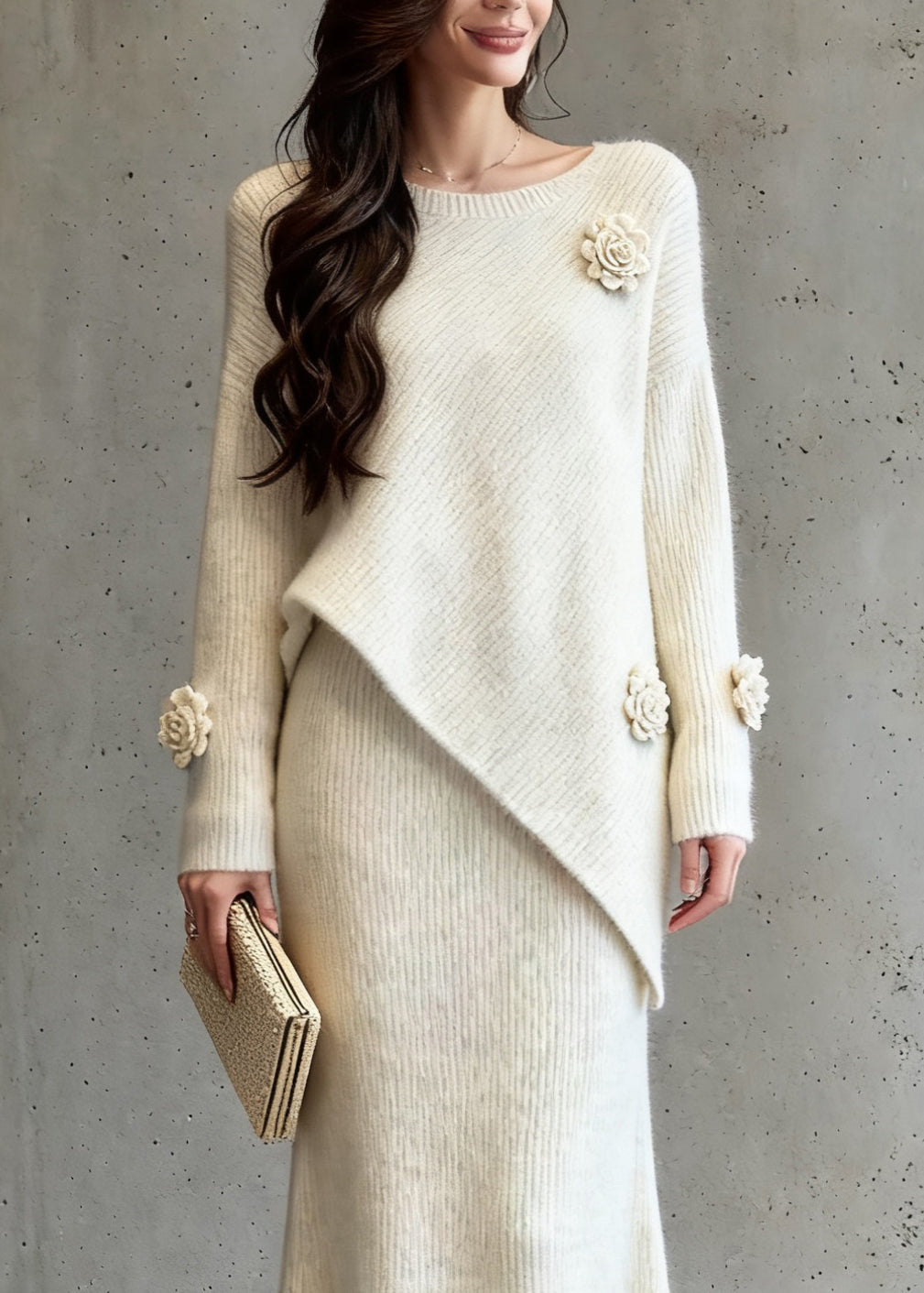 Natural Asymmetrical Floral Cotton Knit Sweaters And A Line Skirts Two-Piece Set Spring - Omychic