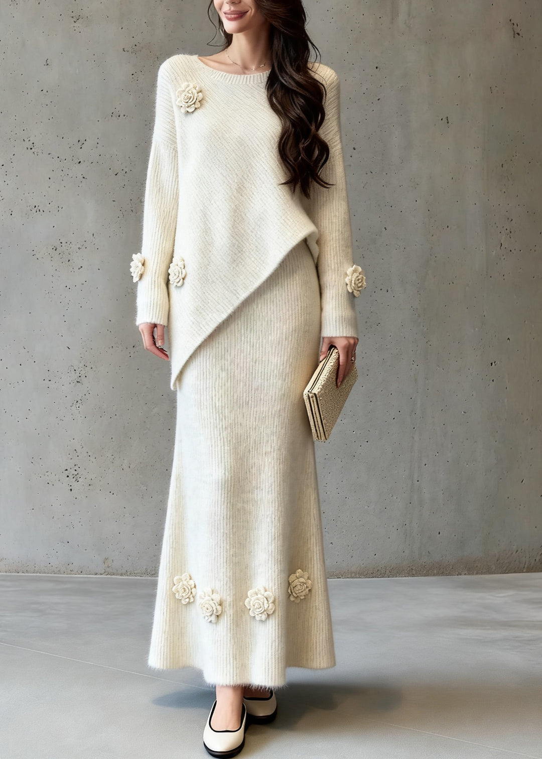 Natural Asymmetrical Floral Cotton Knit Sweaters And A Line Skirts Two-Piece Set Spring - Omychic