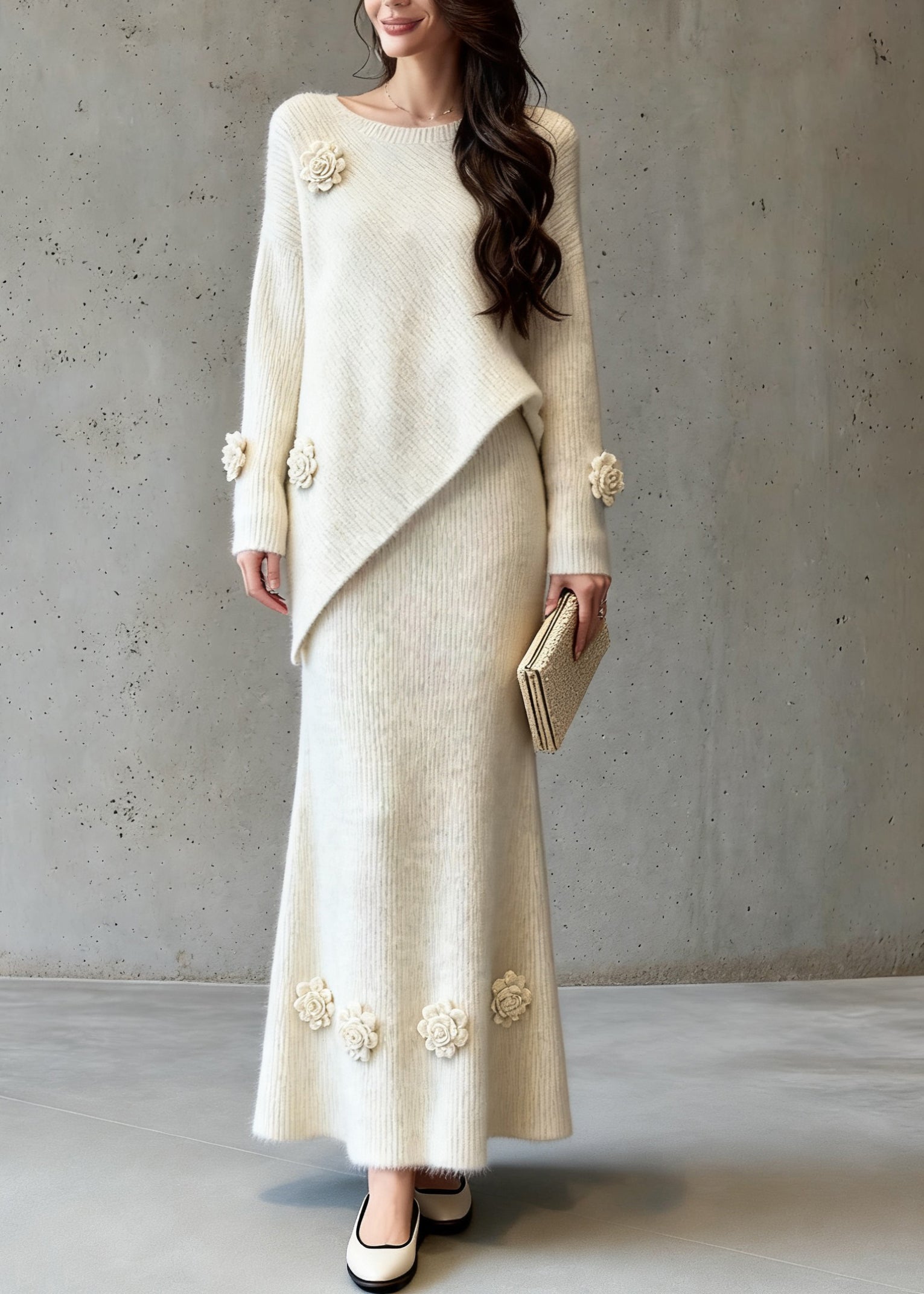 Natural Asymmetrical Floral Cotton Knit Sweaters And A Line Skirts Two-Piece Set Spring - Omychic