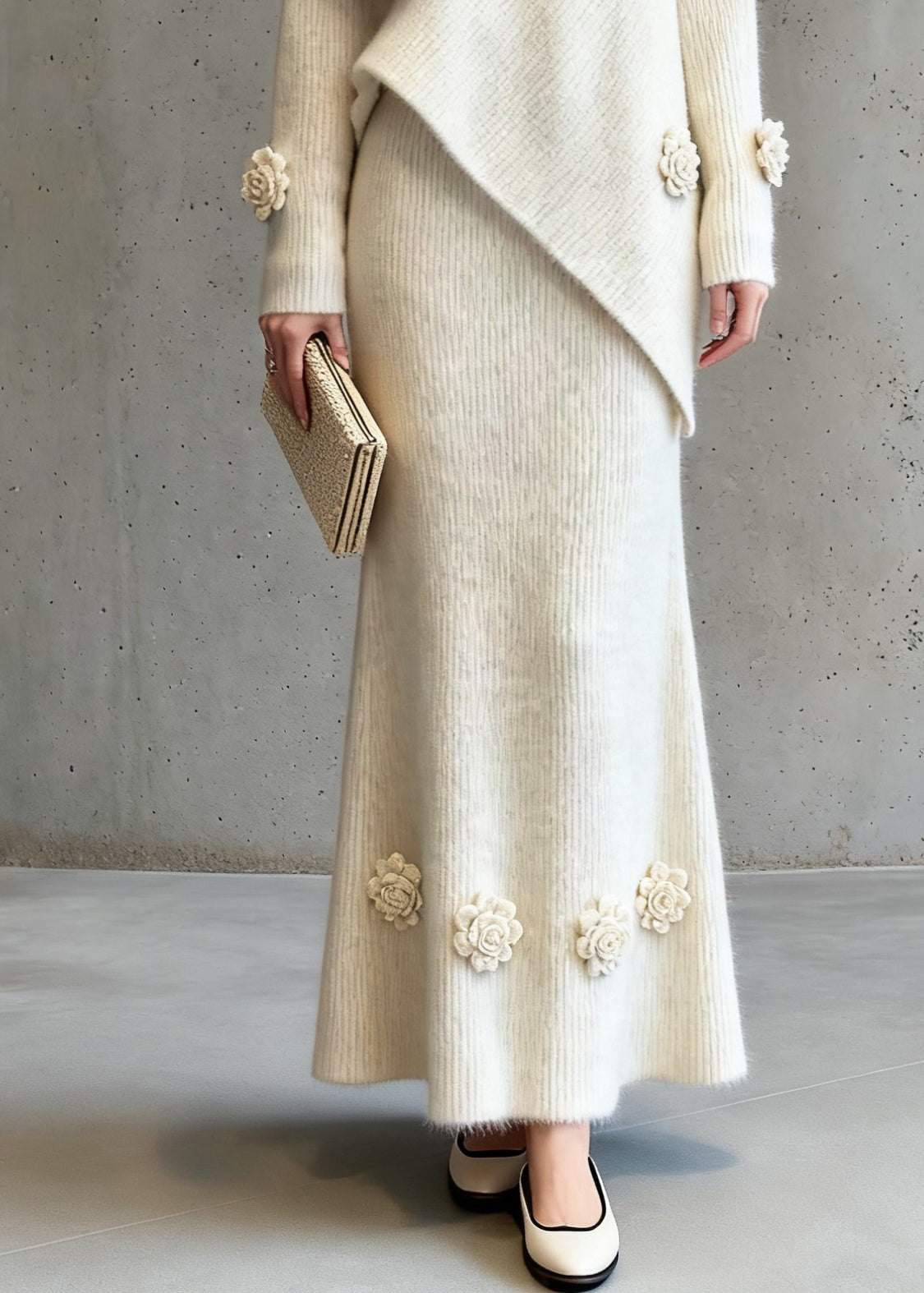 Natural Asymmetrical Floral Cotton Knit Sweaters And A Line Skirts Two-Piece Set Spring - Omychic