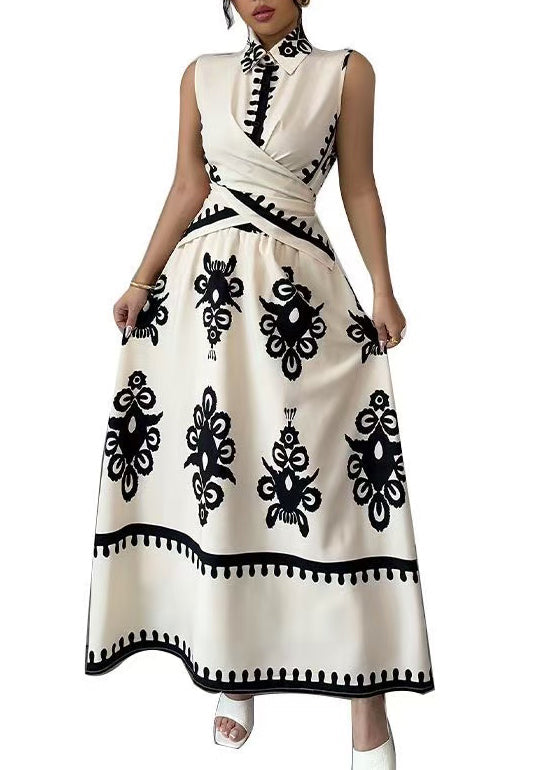 Natural Beige Asymmetrical Print Cotton Two Pieces Set Sleeveless
