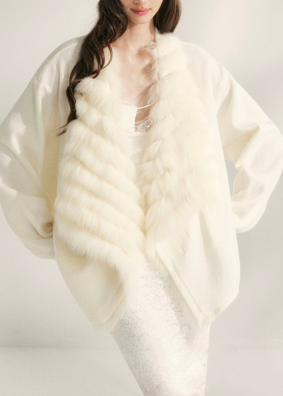 Natural Beige Fox Collar Patchwork Mink Hair Knitted Cardigans Fall